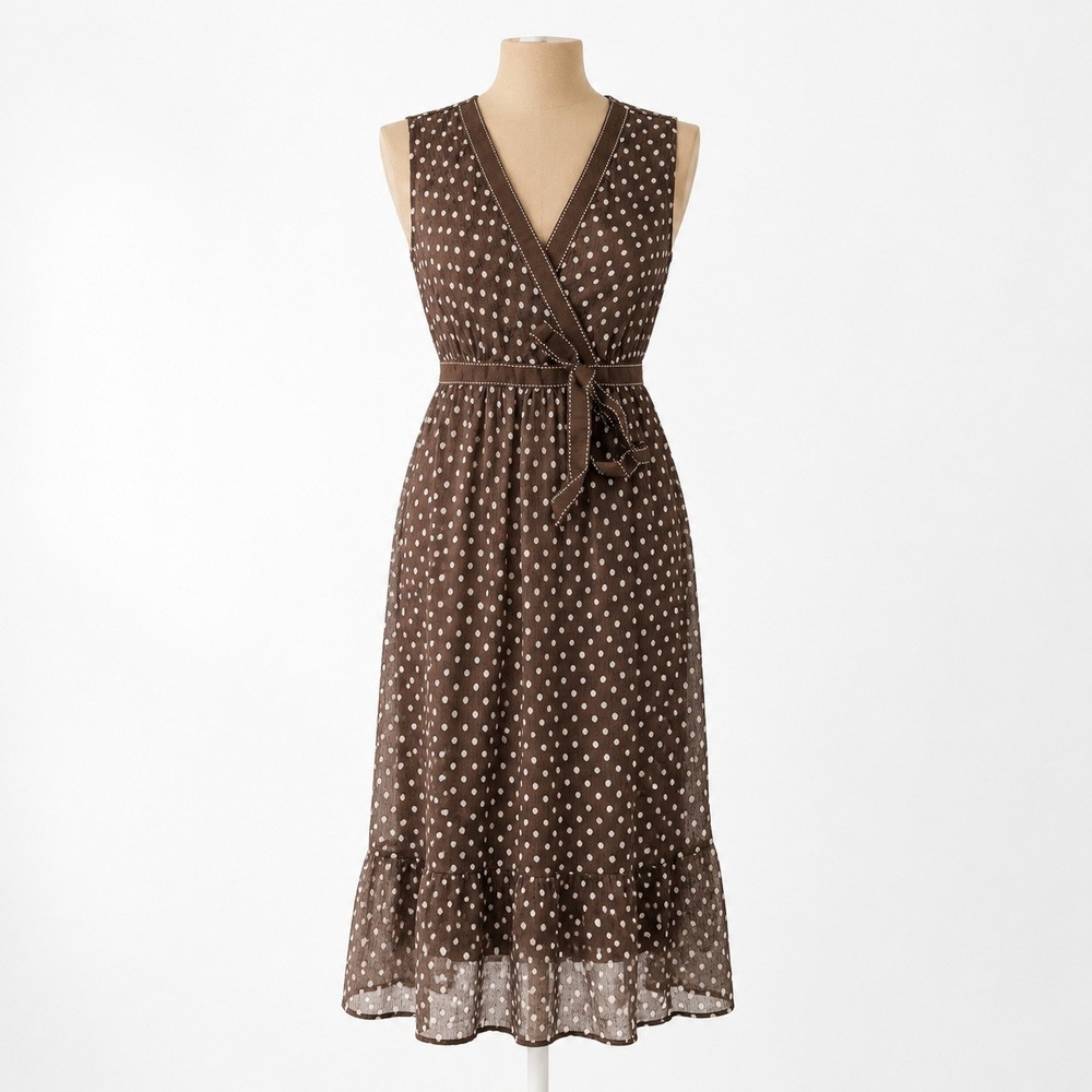 Vintage Y2K Polka Dot Babydoll Dress Size M Brown Sleeveless V Neck Retro Preppy